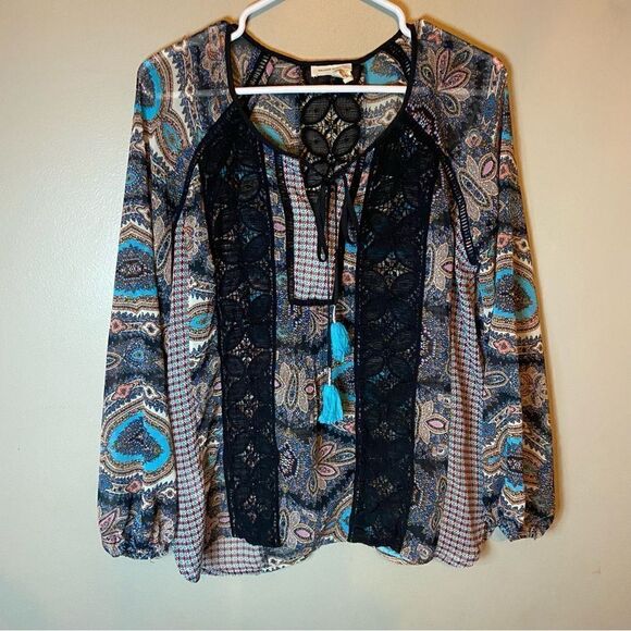 Anthropologie Meadow Rue Giada Long Sleeve Crochet print Top M - Picture 3 of 7